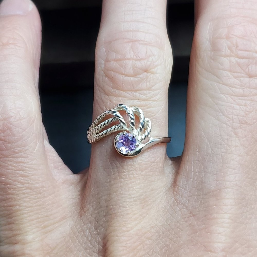 Size 6.25 Sterling Silver Unique Braided Pattern Amethyst Band Ring